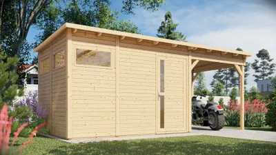 Produktbild von Gartenhaus Kiel 03 mit Anbaudach inkl. Fußboden, Naturbelassen - 19 mm Elementgartenhaus, Nutzfläche: 7,70 m², Flachdach