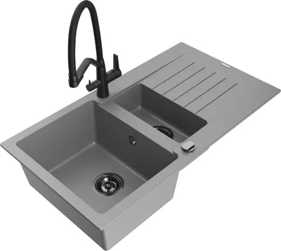 Produktbild von Mexen Matias 1,5-Becken-Granitspüle mit Abtropffläche und Mischbatterie Duo, Grau - 6502-71-671701-70-B