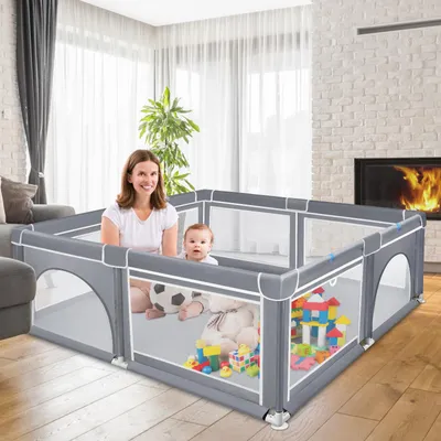 Produktbild von YZNAHRE Laufstall Baby Laufgitter 127x127cm Baby Playpen aus Oxford-Tuch mit Atmungsaktives Netz und Reißverschlusstür Tragbarer Große Sicherheitsspielplatz Schutzgitter für Kinder