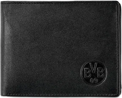 A black leather wallet with a circular embossed logo.