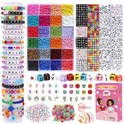 Immagine prodotto di Kit per creare gioielli con perline, 5500 pezzi, perline di vetro da 4 mm, 24 colori, perline a forma di lettera, perline a forma di numero, perline con emoji, per la creazione di gioielli fai-da-te