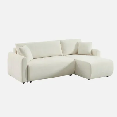 Produktbild von sweeek - 3-Sitzer Schlafsofa mit beidseitig montierbarer Recamiere, Stoffbezug und Stauraum - Creme