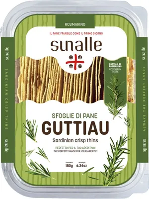 Produktbild von Sfoglie Di Pane Guttiau Rosmarino, knusprige Snacks Pane Guttiau Rosmarin, wiederverschließbare Box, 180g, Sunalle