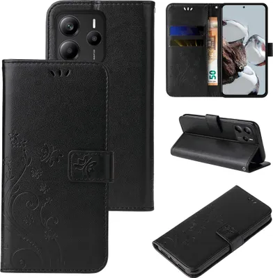Produktbild von Handyhülle für Xiaomi Redmi Note 14 5G Floral Blumen Schmetterling Flip Cover Hülle Case Klapphülle Handytasche Farbe: Schwarz
