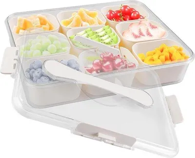 Produktbild von Snackbox mit 9 Fächern, Deckel und Griff, ideal für Obst, Nüsse, Kekse