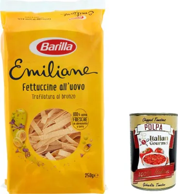 Produktbild von 3x Barilla Pasta all' Uovo Le Emiliane Fettuccine, Eiernudeln, Pasta mit Ei 250g + Italian Gourmet polpa 400g