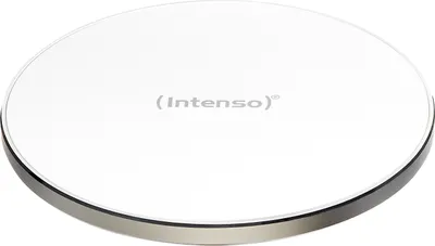 A white wireless charger with a silver rim, featuring the brand name 'Intenso' in gray text.