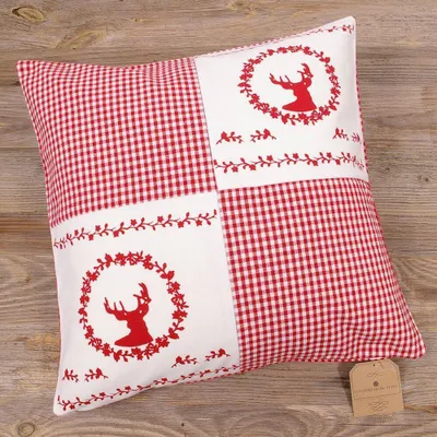 Produktbild von Kissen-Bezug 40x40 cm Hirsch Landhaus-Stil rot weiß Baumwolle