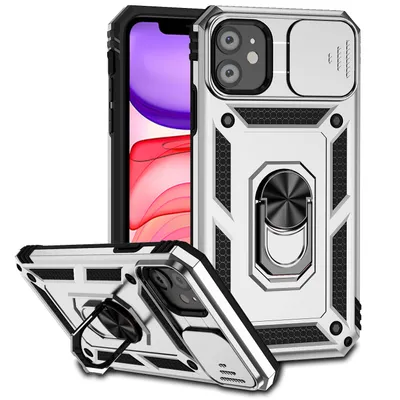 Obrázek produktu pro Pouzdro pro iPhone 11 dvouvrstvé pouzdro s posuvným krytem kamery a prstencovým stojánkem Stříbro
