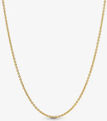 A gold chain necklace is displayed against a white background.