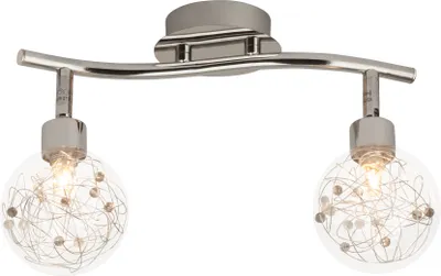 A modern ceiling light with two spherical glass shades containing decorative wire and beads.