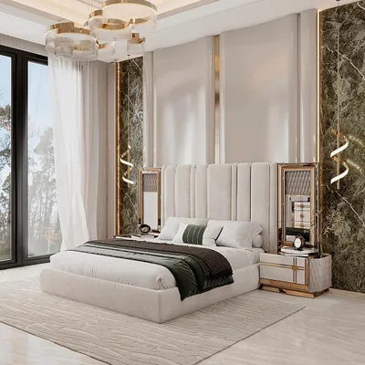 Produktbild von Elegantes Schlafzimmer Set mit Bett und Nachttischen in Gold und Weiß