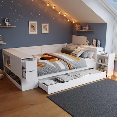Produktbild von Kinderbett 140 x 200 cm, Holzbett, Tagesbett mit Stauraum, Schublade, Regalen, Schränken und Nachttischen, Weiß