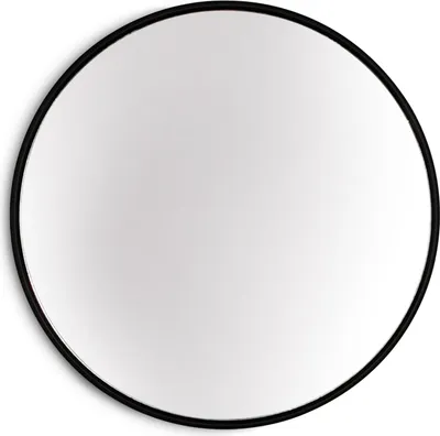 A round mirror with a black frame, shown from a front-facing perspective against a white background.
