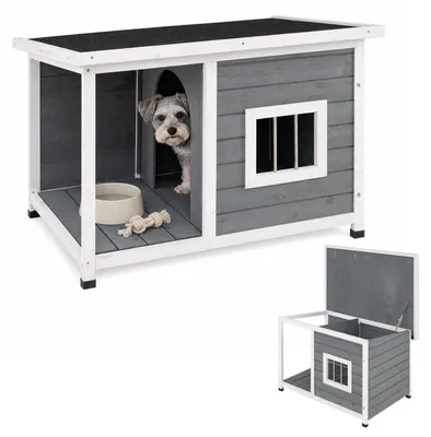 Immagine prodotto di Cuccia per cani COSTWAY con veranda coperta, dimensioni 86x63x60 cm, rifugio per animali domestici con tetto inclinato, pavimento rialzato e finestra, ideale per interni ed esterni