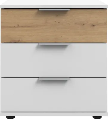 Produktbild von Schlafzimmer Nachtschrank Nachttisch mit 3 Schubladen, auch für Boxspringbett, in weiß mit Artisan Eiche Nb. GRANADA-43, B/H/T ca. 52/58/38 cm