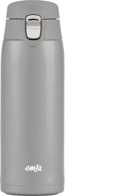 A gray insulated travel mug is shown against a white background.