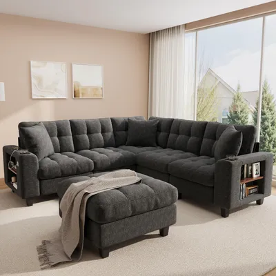 Image de Canapé d'angle en U Merax 6 places, canapé modulaire XXL, canapé en chenille avec repose-pieds, porte-gobelets, USB et USB-C, canapé de salon, gris