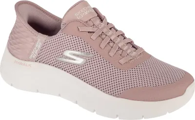 A side view of a pink Skechers Go Walk shoe.