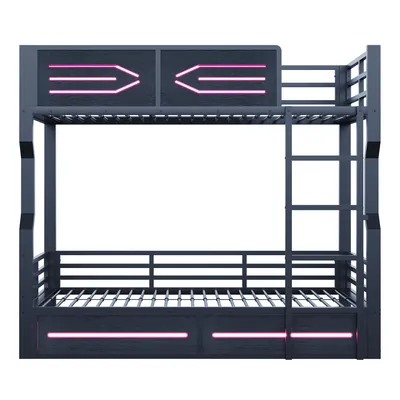 Produktbild von Flieks Etagenbett 90x200cm mit Led, Jugendbett Metallbett mit Leiter und Lattenrost, Kinderbett Hochbett mit Rausfallschutz 2 Kinder, Schwarz
