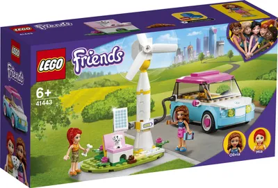 The image shows the packaging of a LEGO Friends set featuring a wind turbine, an electric car, and mini-doll figures.