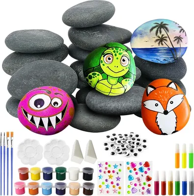 Produktbild von 16 Steine Malset für Kinder - Kreatives Steine-Malset mit 12 Farben - Leuchtendes Pigment - Bastelset für Kinder - Geschenke für Erwachsene - Familienaktivität