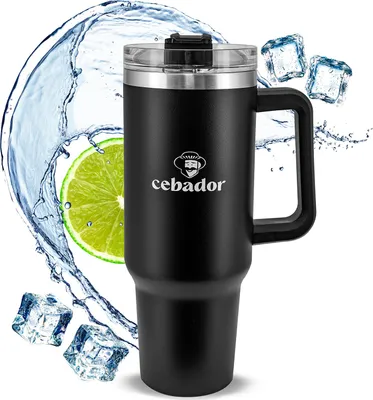 Produktbild von Cebador - Thermobecher mit Strohhalm Flow XXL 1200ml  –  Edelstahl Trinkbecher, Schwarz – Großer Kaffeebecher für Auto, Büro, Alltag