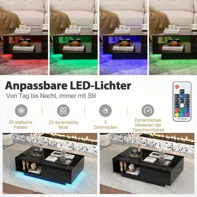 Obrázek produktu pro Konferenční stolek s LED světly, dálkový, úložný, černý, 95x55x31 cm