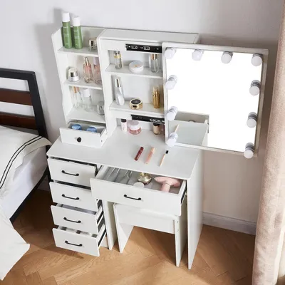 Produktbild von Schminktisch mit Hocker und Spiegel, LED-Beleuchtung, 6 Schubladen, Weiß, 36x80x131 cm
