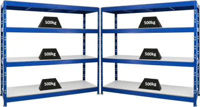 Produktbild von Mega Deal | 2x Profi Schwerlastregal Rhino | HxBxT 180x200x60cm | 4 Melamin-Ebenen 16mm | Fachlast 500kg | Blau