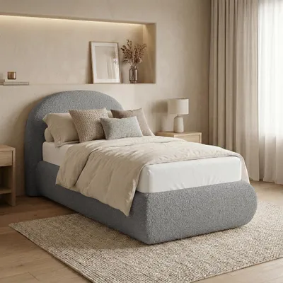 Produktbild von BEAUTYSOFA | Polsterbett MOTTI 90x200 cm - Einzelbett mit Bettkasten & Matratze MEDIRO FORM H2 und gepolstertem Kopfteil - Bouclé Dunkelgrau