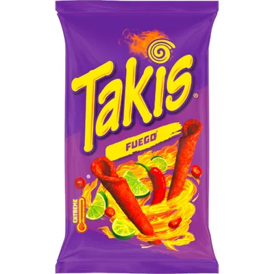 Produktbild von Takis Fuego Extreme Hot Maischips mit Chili- und Limettengeschmack 100g | Knusprige, frittierte gerollte Snacks | Pikant und würzig | (Fuego, 3er Pack)