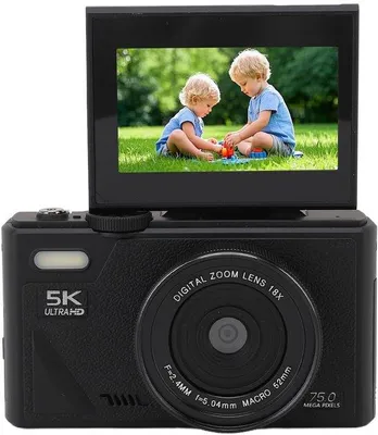 Zdjęcie produktu dla Aparat cyfrowy z 18-krotnym zoomem, odchylanym ekranem o przekątnej 3 cali, kompaktowy aparat HD, do fotografii podróżniczej, 5K, 75 MP, czarny