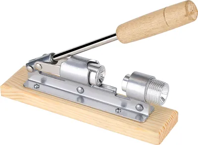 A mechanical nutcracker with a wooden handle and base, shown against a white background.
