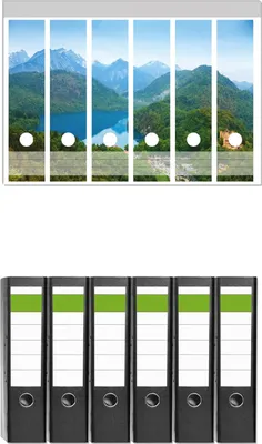 Produktbild von Wallario 6 Stück breite Ordner inkl. Klebeetiketten mit Motive Schloss Hohenschwangau neben dem Alpsee -  Set mit Rückenschildern / Ordnerrücken Stickern