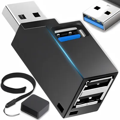 A product shot of a USB hub adapter with accessories.