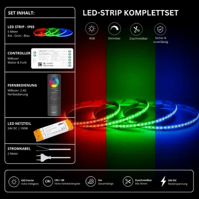 Produktbild von LED Streifen Set RGB IP65 – COB LED Streifen 24V, 14 W/m, 5m, punktfrei – SS100 Netzteil, SM5 Matter Controller  und  C5 Fernbedienung Schwarz