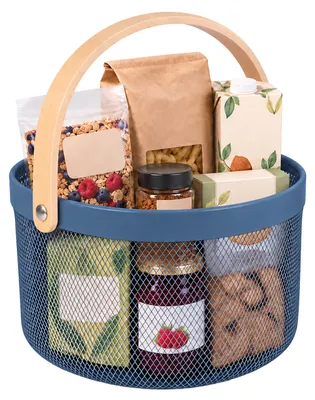 Image de Relaxdays, panier en fil de fer avec poignée, rond, panier de rangement en métal et bois, idéal pour la cuisine, la salle de bain ou le salon, couleur bleu foncé, Image générée par une IA