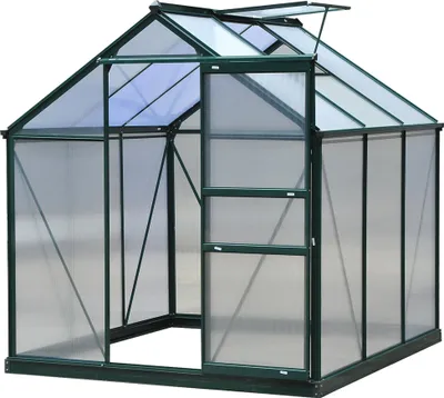 Image de Outsunny Serre de jardin polycarbonate 3,65 m² serre en aluminium pour le jardin 190 x 192 x 201 cm résistant aux UV, avec fondation renforcé, gouttière, lucarne et porte coulissant, Vert foncé