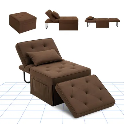 A collage of images showing a brown convertible sofa bed in various configurations, including a folded ottoman, a reclined chair, and a fully extended bed.