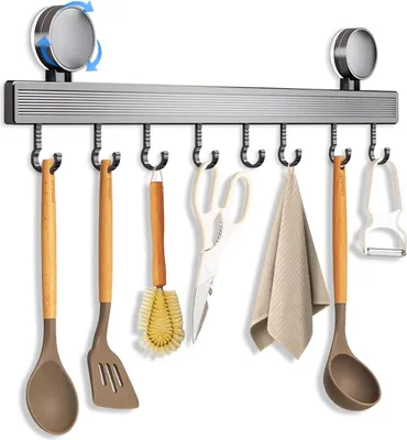 Produktbild von Hakenleiste Küche Ohne Bohren Küchenhaken mit Saugnapf | 8 Haken, 40 cm Lang, 20 kg Tragfähigkeit, 1-Minuten-Installation | Abnehmbare Rostfreie hakenleiste für Küchenutensilien und Badezimmer