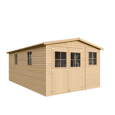 A wooden garden shed with windows and double doors, presented against a white background.