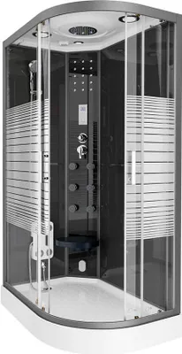 A modern, enclosed shower cabin with multiple shower heads and controls.