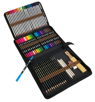 Immagine prodotto di Set di articoli per disegno: 70 pezzi, composto da: 24 matite colorate, 24 pennarelli a punta, 24 pennelli a punta doppia, 12 matite da disegno, 3 matite di grafite, accessori