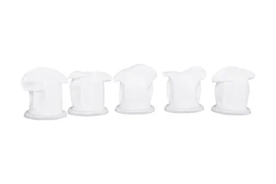 Five white filter dust containers for a vacuum cleaner, arranged in a row on a white background.
