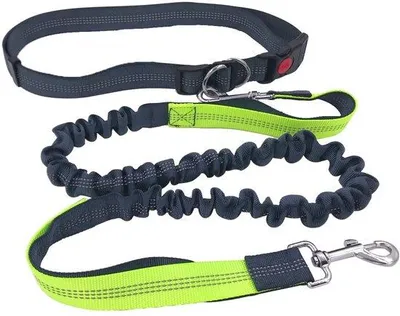 Image de Laisse pour chien mains libres Ibenzoa®, avec ceinture de hanche réglable de 70 à 130 cm et laisse élastique de 130 à 180 cm, couleur grise, en nylon/métal, avec 2 poignées, réfléchissante, largeur de 2,5 cm