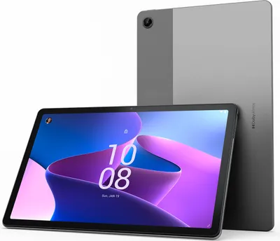 A gray Lenovo tablet is shown from the front and back against a white background.