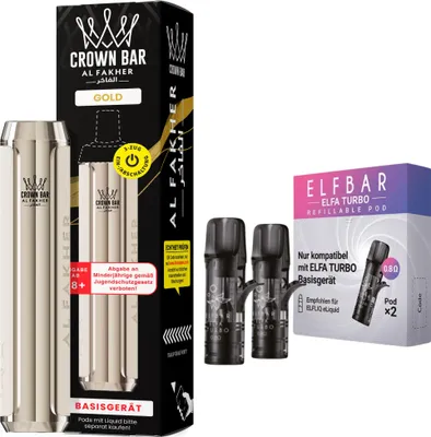 Produktbild von Al Fakher Crown Bar 600 Pod Kit Gold – 500 mAh Akkuträger inkl. 2 x 0,8 Ohm Leerpods, USB-C, 2 ml Pod System, DTL & MTL, wiederaufladbar, ohne Liquid