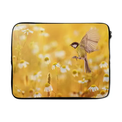Produktbild von MuchoWow® Laptop Hülle 15 Zoll Vogel - Kohlmeise - Blumen - Gänseblümchen Laptoptasche - Laptoptasche - Sleeve - Rundum-Schutz
