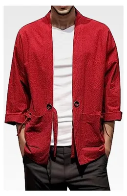 Produktbild von Herren Cardigan Kimono Jacke mit sieben Ärmeln Offene Front Übergangsjacke Japan Happi Mäntel Japanische Lockere Hemd Revers Leichte Kleidung Traditionelle Noragi Jacken Yukata